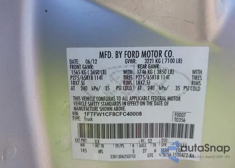 2012 Ford F-150 Xlt z USA, uszkodzony, nr VIN 1FTFW1CF8CFC40008